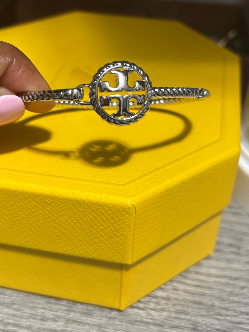 Tory Burch Silver Twisted Rope Logo Bangle